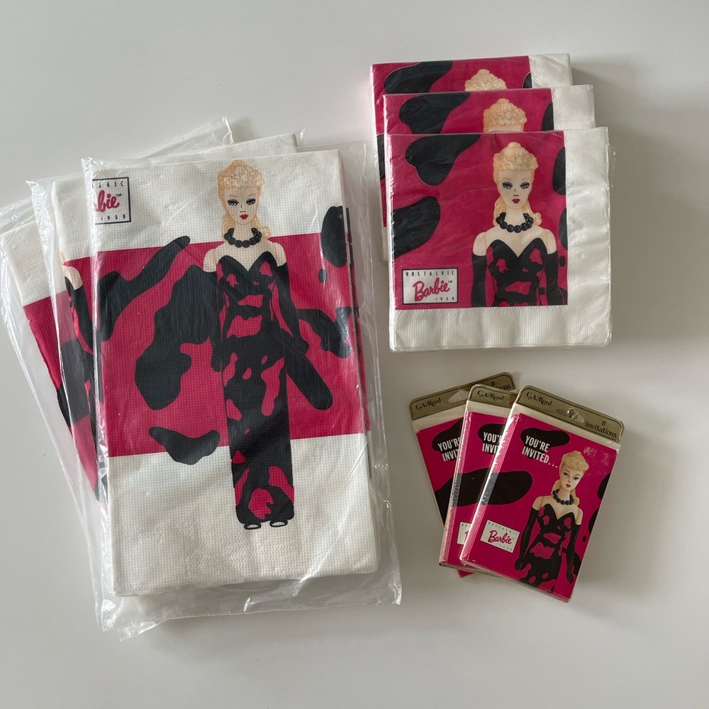 Ponytail Barbie Nostalgia party supplies. Invites, table cover and napkins. NWT